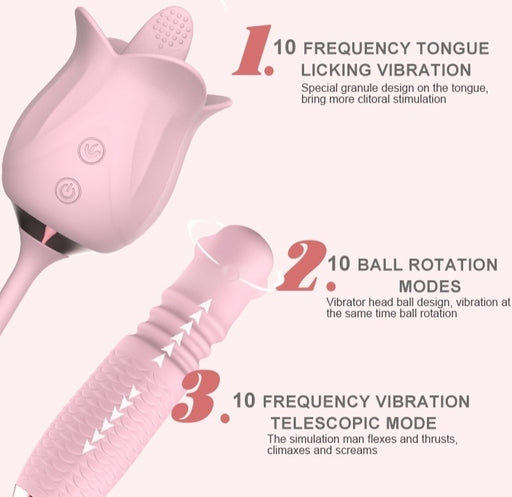 3-in-1 Blooming Rose Toy Rotating Pearls Telescopic Tongue-licking Vibrator