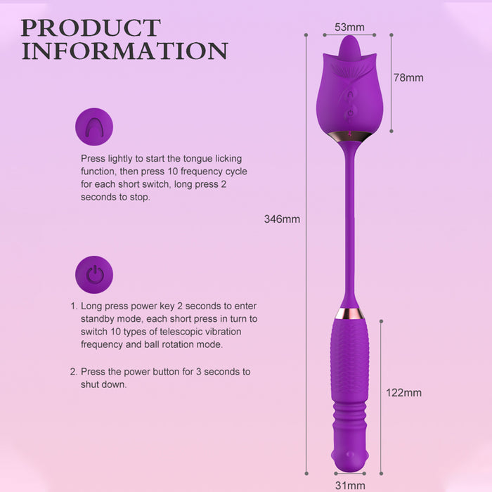 3-in-1 Rose Toy Rotating Pearls Telescopic Tongue-licking Vibrator