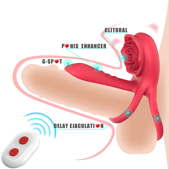 3-in-1 G-spot Vibrator Clit Stmulator & Vibrating Penis Ring Rose Toy For Couples