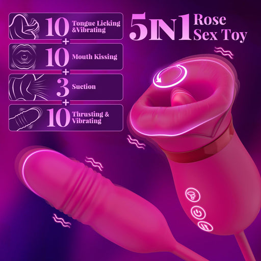 Rose Big Mouth Vibrator 5in1 Sucking Biting Tongue-swinging Clit Stimulator With Thrusting Vibrator