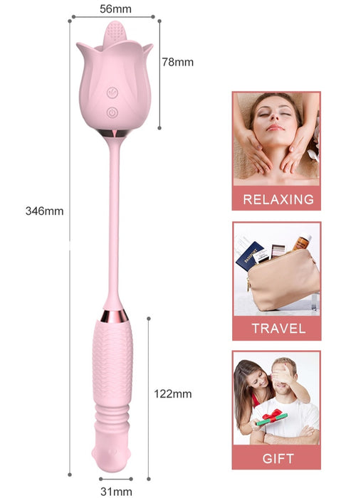 3-in-1 Blooming Rose Toy Rotating Pearls Telescopic Tongue-licking Vibrator