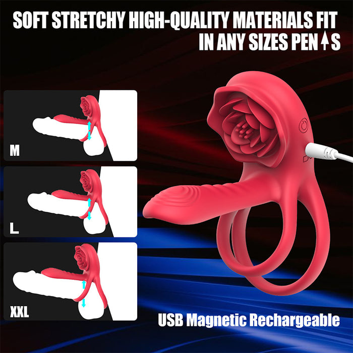 3-in-1 G-spot Vibrator Clit Stmulator & Vibrating Penis Ring Rose Toy For Couples