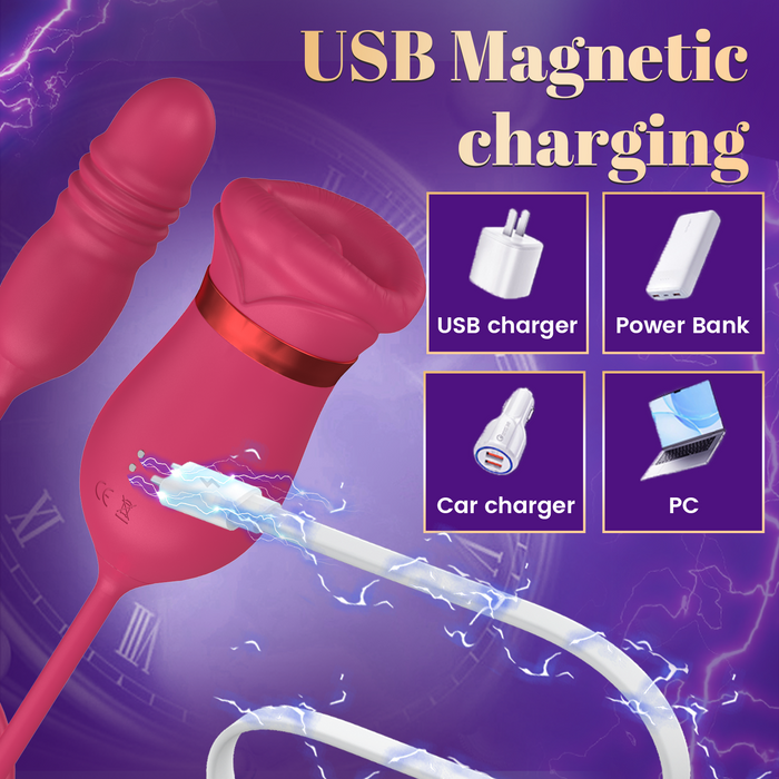 Rose Big Mouth Vibrator 5in1 Sucking Biting Tongue-swinging Clit Stimulator With Thrusting Vibrator