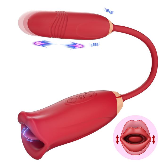 3-in-1 Biting Licking & Telescopic Rose Vibrator