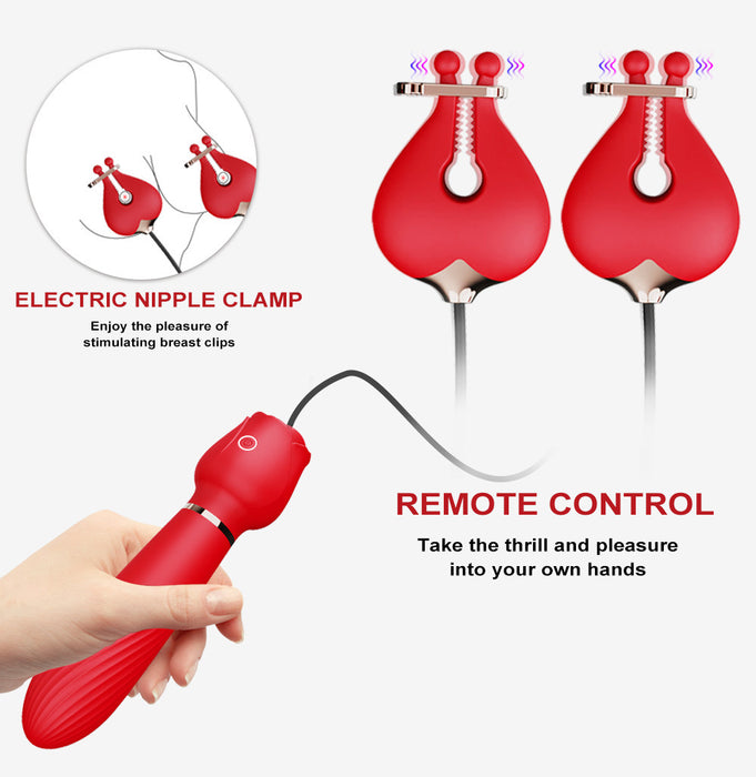 2-in-1 Rose Vibration Breast Clips With Massage Stick One Key Control