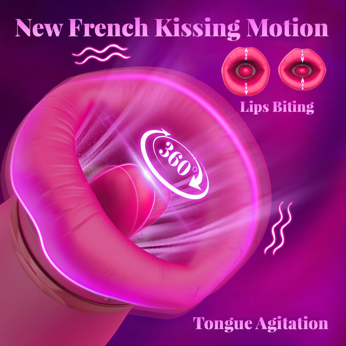 Rose Big Mouth Vibrator 5in1 Sucking Biting Tongue-swinging Clit Stimulator With Thrusting Vibrator