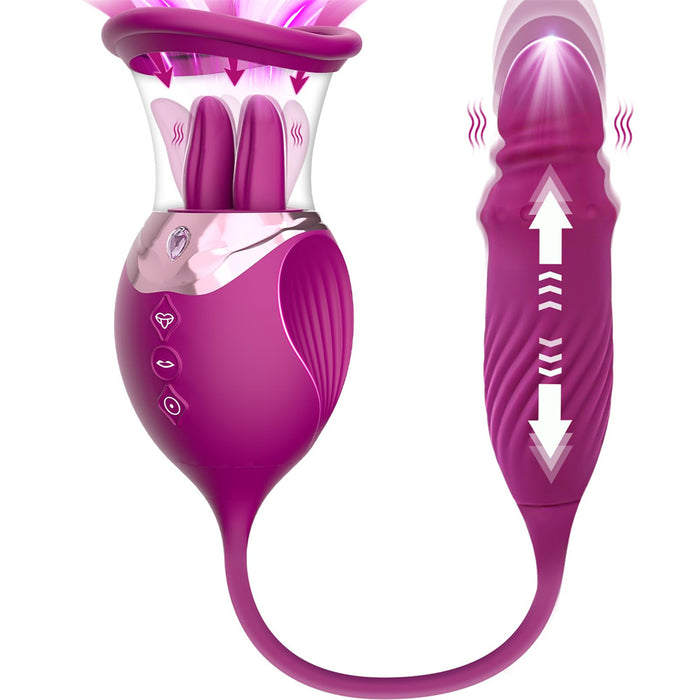 Rose Sex Toy 4 In1 Tongue Licking Thrusting G Spot Vibrator Clitoral Nipple Sucker Pump Stimulator