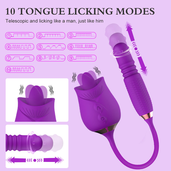 3-in-1 Rose Toy Rotating Pearls Telescopic Tongue-licking Vibrator