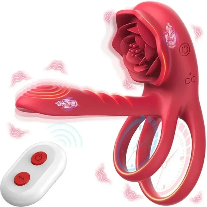 3-in-1 G-spot Vibrator Clit Stmulator & Vibrating Penis Ring Rose Toy For Couples